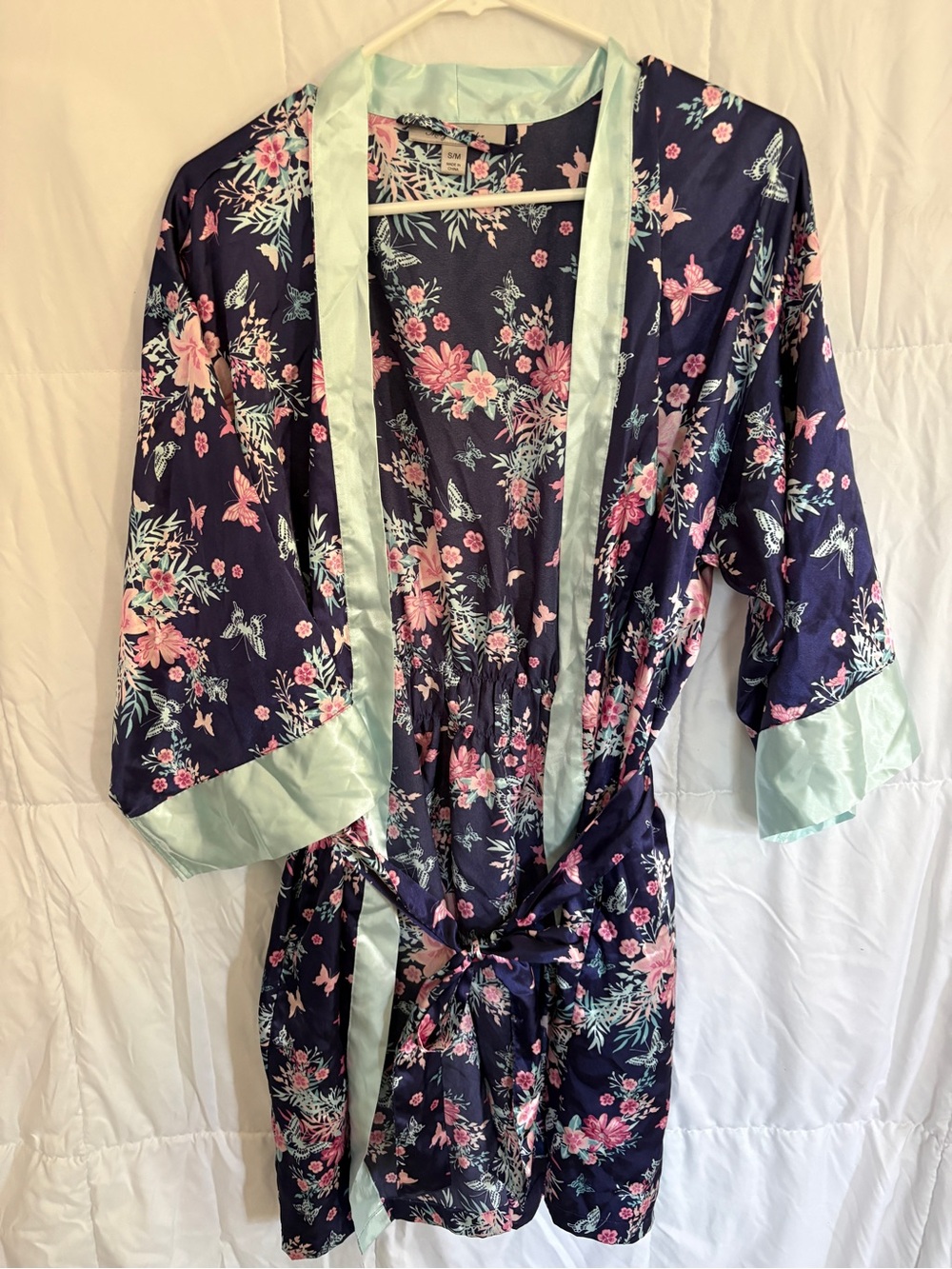 Morgan Taylor Navy Floral Satin Kimono Robe with Mint Trim